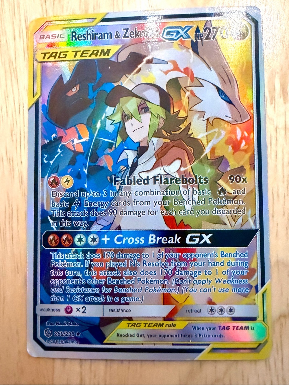 Pokemon Reshiram & Zekrom GX Holographic Card - Blue, Yellow, White